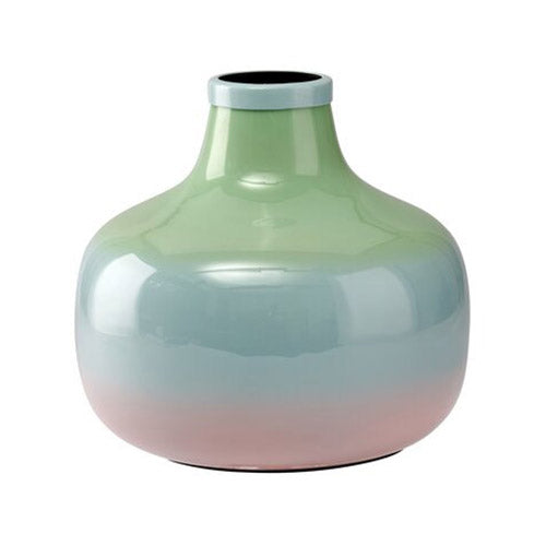 Bauchige Metall-Vase Saigon mit Farbverlauf in Grün, Blau und Rosa, von GIFTCOPANY