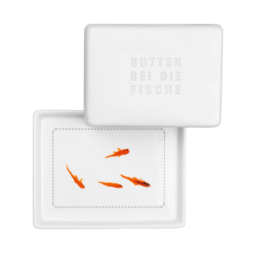 Butterdose weiß aus Porzellan "Butter bei die Fische"