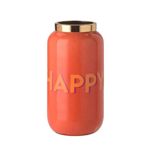 Vase Saigon mit Aufschrift HAPPY, in Orange und Gold, von GIFTCOPANY